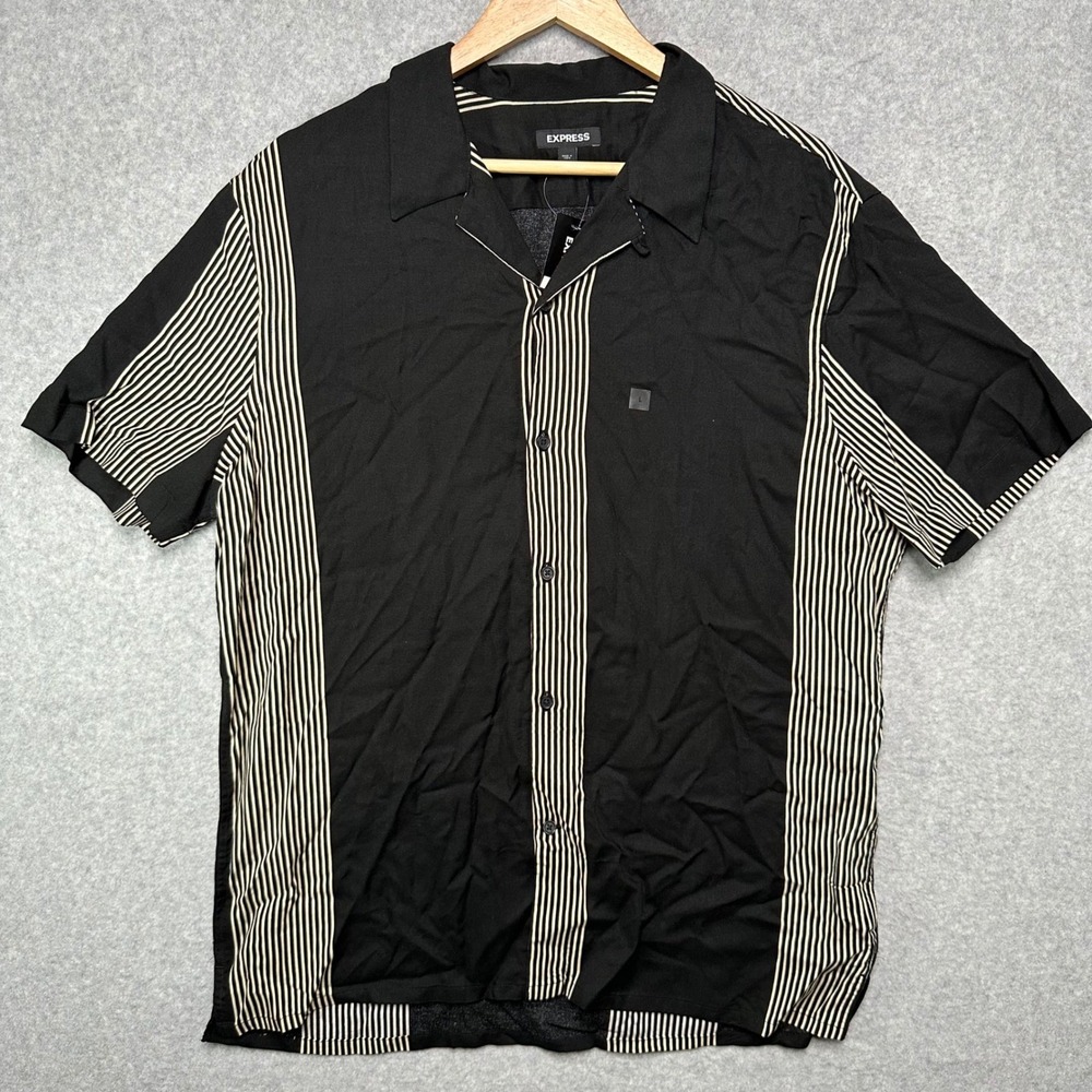Express Mens Black Striped Short Sleeve Camp Collar Viscose Bowling Shirt Large